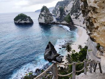 Panoramic view of rocks and sea against sky