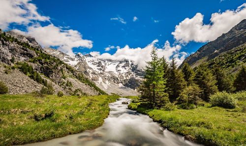 Scenic view of waterfall against sky