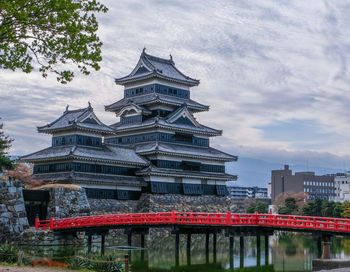 Building by river against cloudy sky