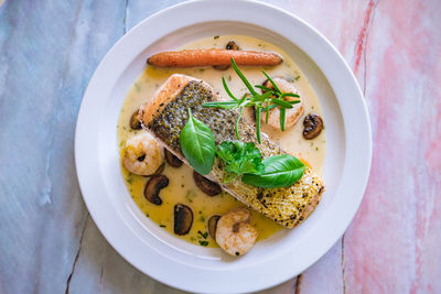 High angle view of food in bowl on table