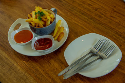 High angle view of food in plate on table