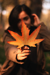 Cropped hand holding autumn leaf