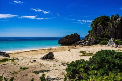Scenic view of beach against blue sky