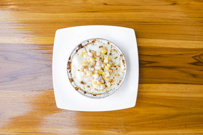 High angle view of breakfast served on table