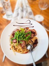 High angle view of food in plate