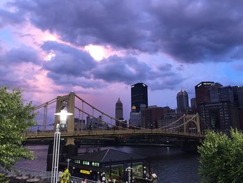 Bridge over river against cloudy sky