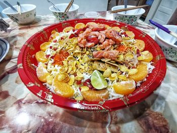 High angle view of breakfast served on table