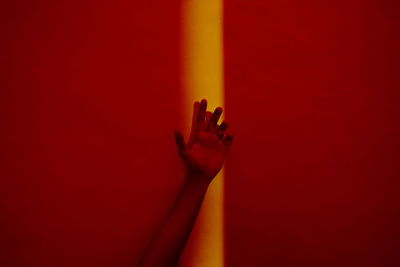 Close-up of person holding umbrella against red background