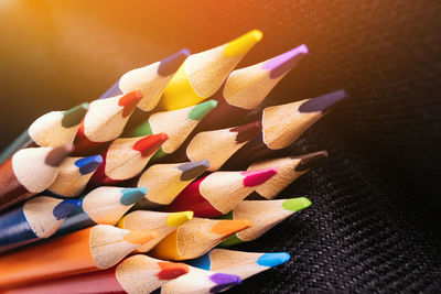 High angle view of multi colored pencils on table