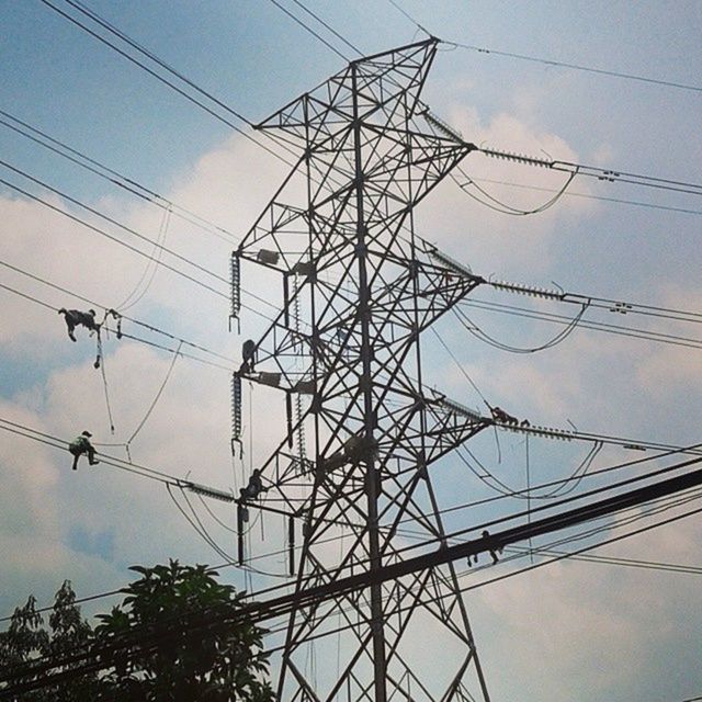 power line, electricity pylon, power supply, electricity, cable, low angle view, connection, fuel and power generation, technology, sky, complexity, power cable, electricity tower, no people, outdoors, cloud - sky, day, silhouette, cloud, telephone pole