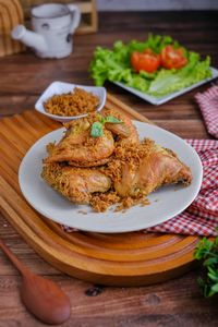 High angle view of food in plate on table