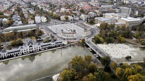 High angle view of cityscape and bridge in city