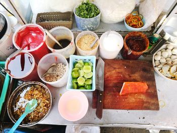 High angle view of food served on table