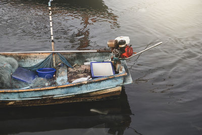 High angle view of fishing boat in river