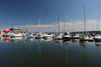 Boats moored in harbor against clear sky