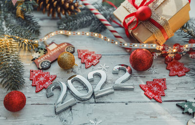 Close-up of christmas decoration on table