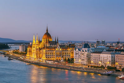 View of budapest with hungarian parliament building from fisherman bastion at dusk, hungary