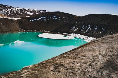 Scenic view of lake by snowcapped mountains against sky