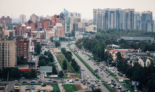 High angle view of city street and buildings