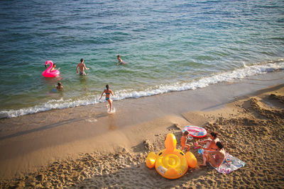 High angle view of people on beach