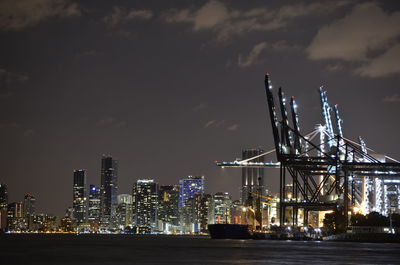 Illuminated commercial dock and buildings in city against sky at night