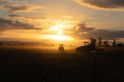 Scenic view of agricultural field against sky during sunset