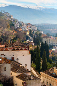 Townscape against mountain