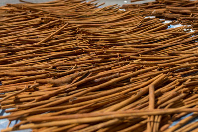 Full frame shot of cinnamon sticks drying outdoors