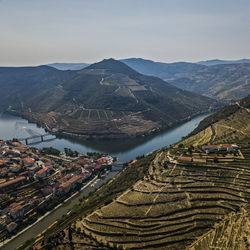 High angle view of agricultural field against sky