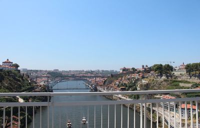 Bridge over river by buildings against clear blue sky