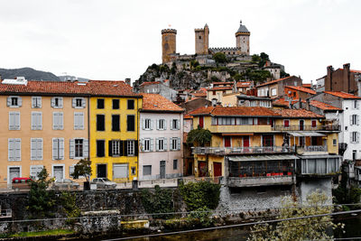 Buildings in city against clear sky