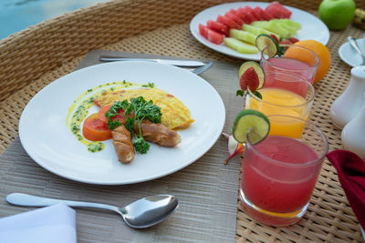 High angle view of breakfast served on table