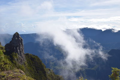 Scenic view of mountains against cloudy sky