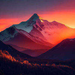 Snow capped mountains. snowy mountain peak at dawn. sunrise in mountains. mountain sunrise landscape