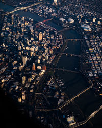 High angle view of illuminated cityscape at night