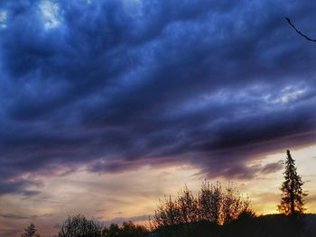 Low angle view of silhouette trees against dramatic sky