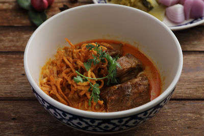 High angle view of soup in bowl on table