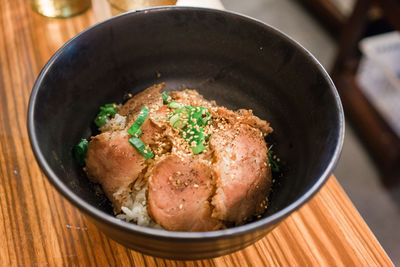 High angle view of food in bowl on table