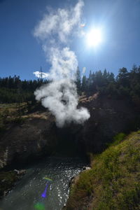 Scenic view of waterfall against sky on sunny day