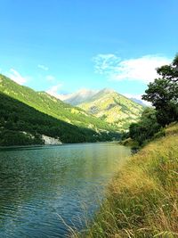 Scenic view of lake and mountains against sky