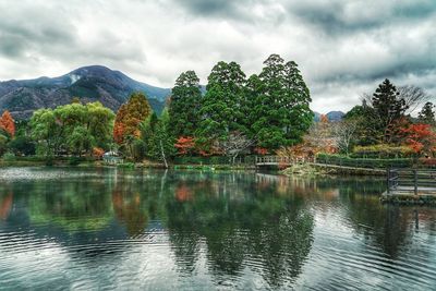 Scenic view of lake by trees against sky