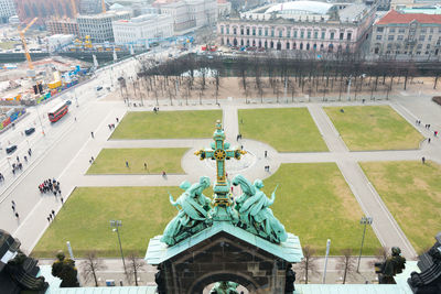 High angle view of statue in city