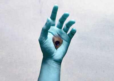 Hand holding a peacock feather