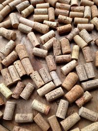 High angle view of wine corks on table