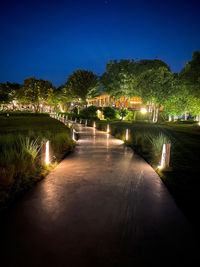 Illuminated footpath amidst trees against sky at night