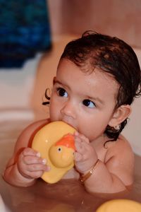 Close-up of cute baby girl playing with rubber duck while bathing in bathtub