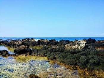 Scenic view of calm sea against clear sky