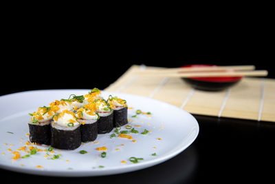 Close-up of dessert served on table