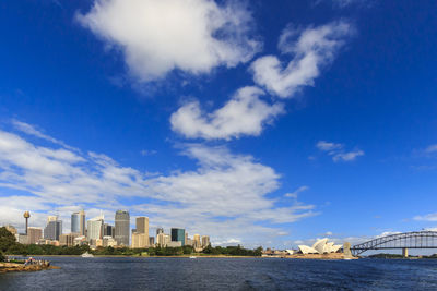 River by buildings in city against sky