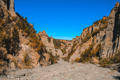 Scenic view of rocky mountains against clear blue sky